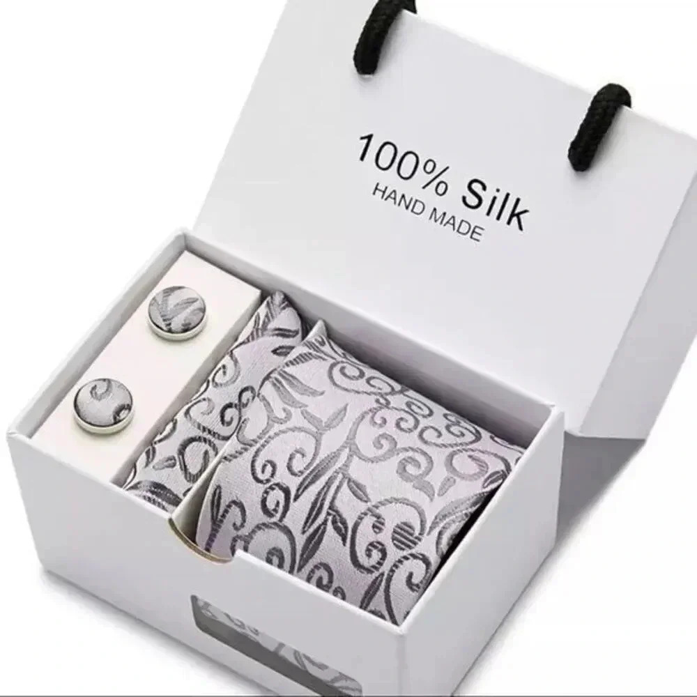 Silk Jacquard Tie Grey  print Tie Hanky Cufflink Set Ties For Men